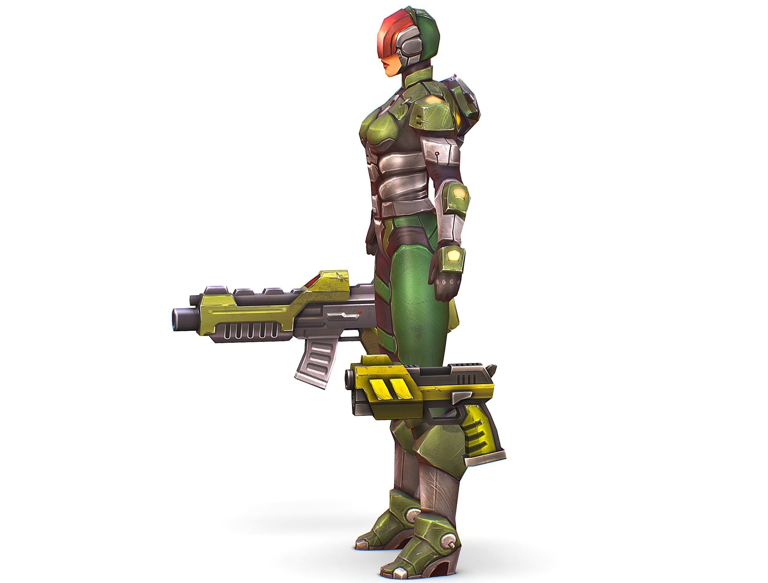 Sci-FI Woman Cyborg Soldier with Rifle and Pistol Low-poly 3D model_9