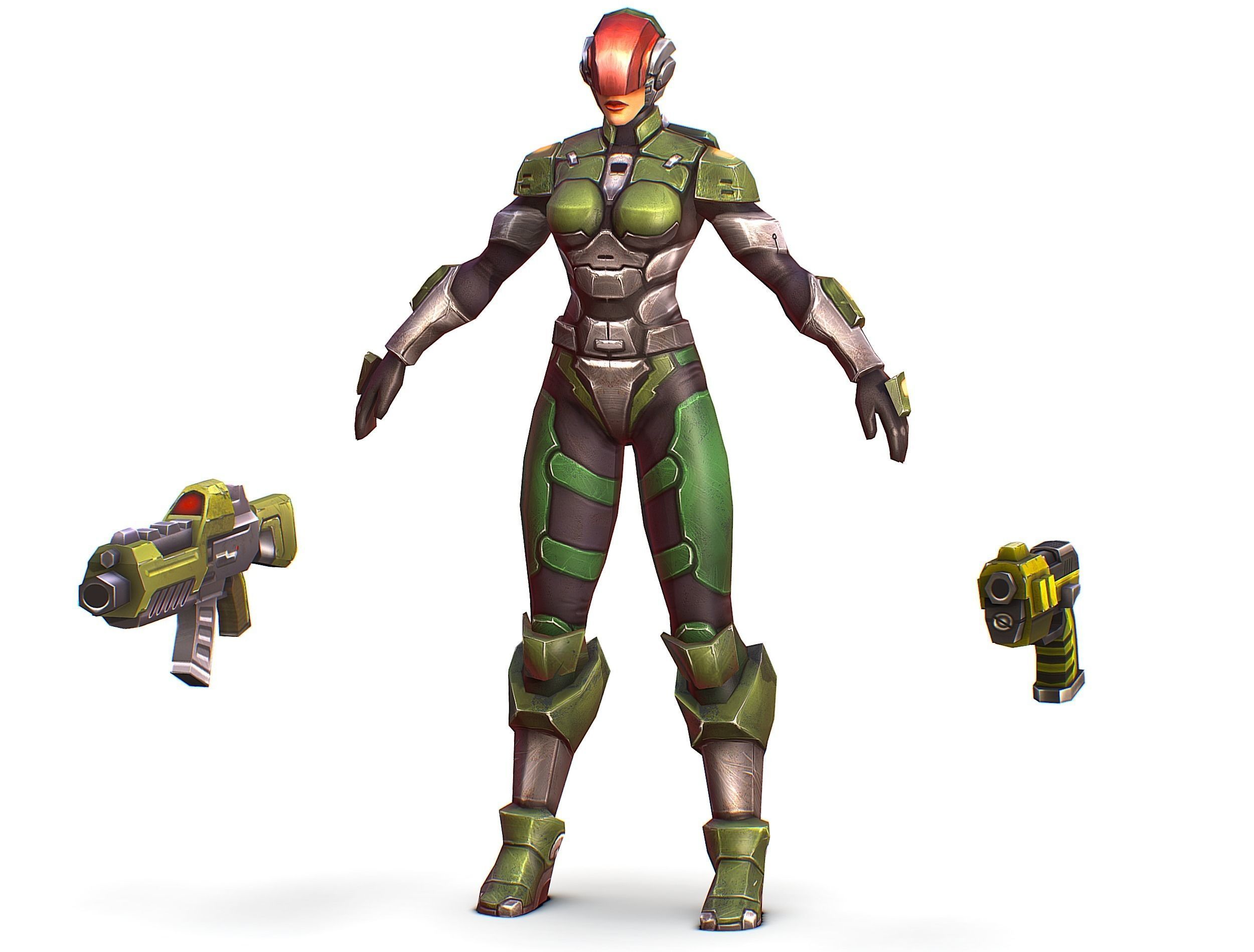 Sci-FI Woman Cyborg Soldier with Rifle and Pistol Low-poly 3D model_12