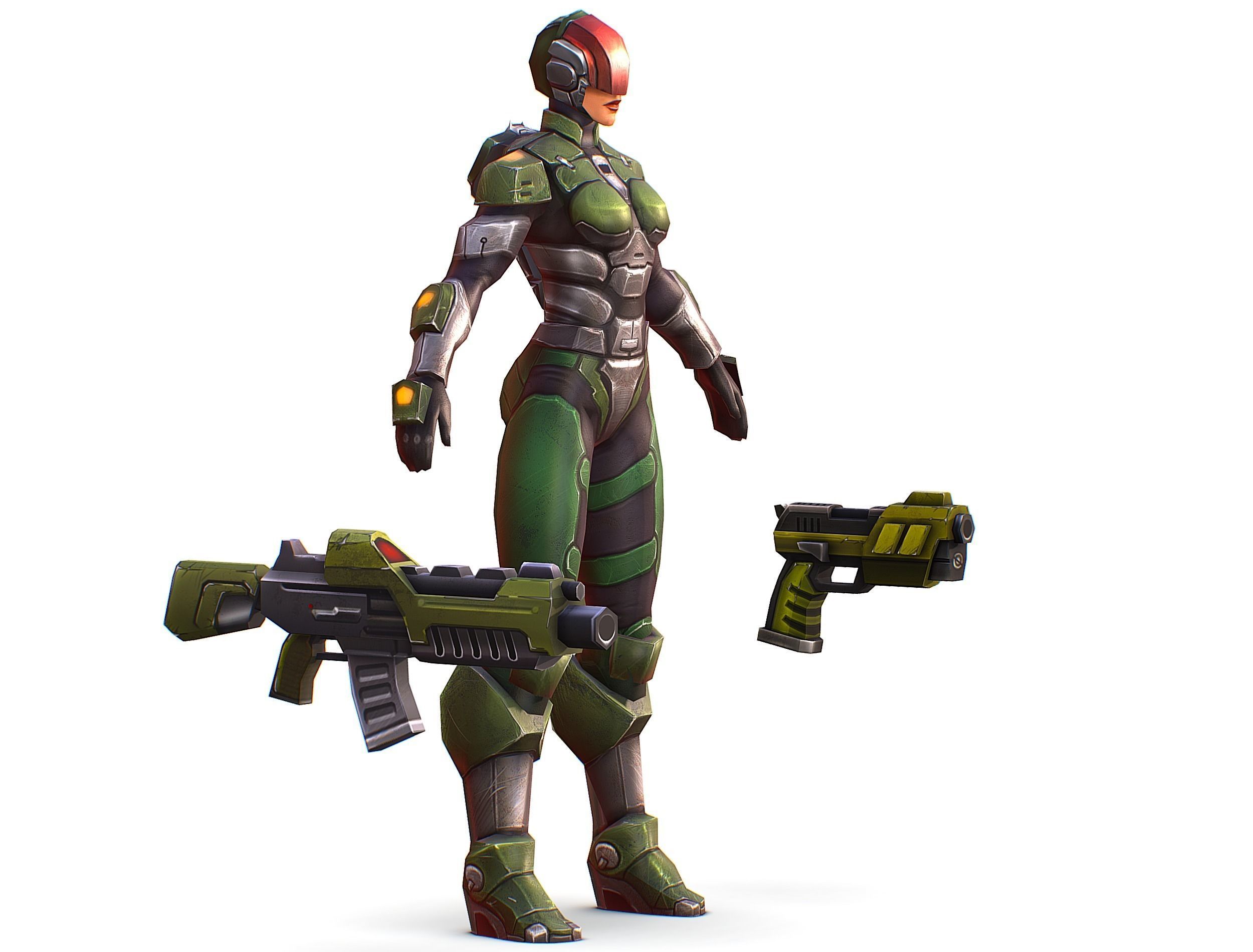 Sci-FI Woman Cyborg Soldier with Rifle and Pistol Low-poly 3D model_1