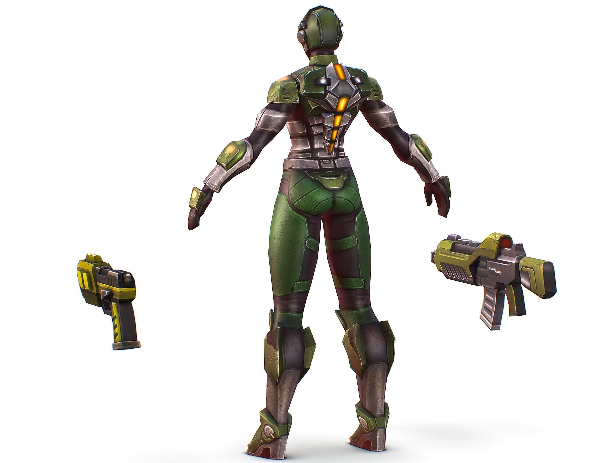 Sci-FI Woman Cyborg Soldier with Rifle and Pistol Low-poly 3D model_6