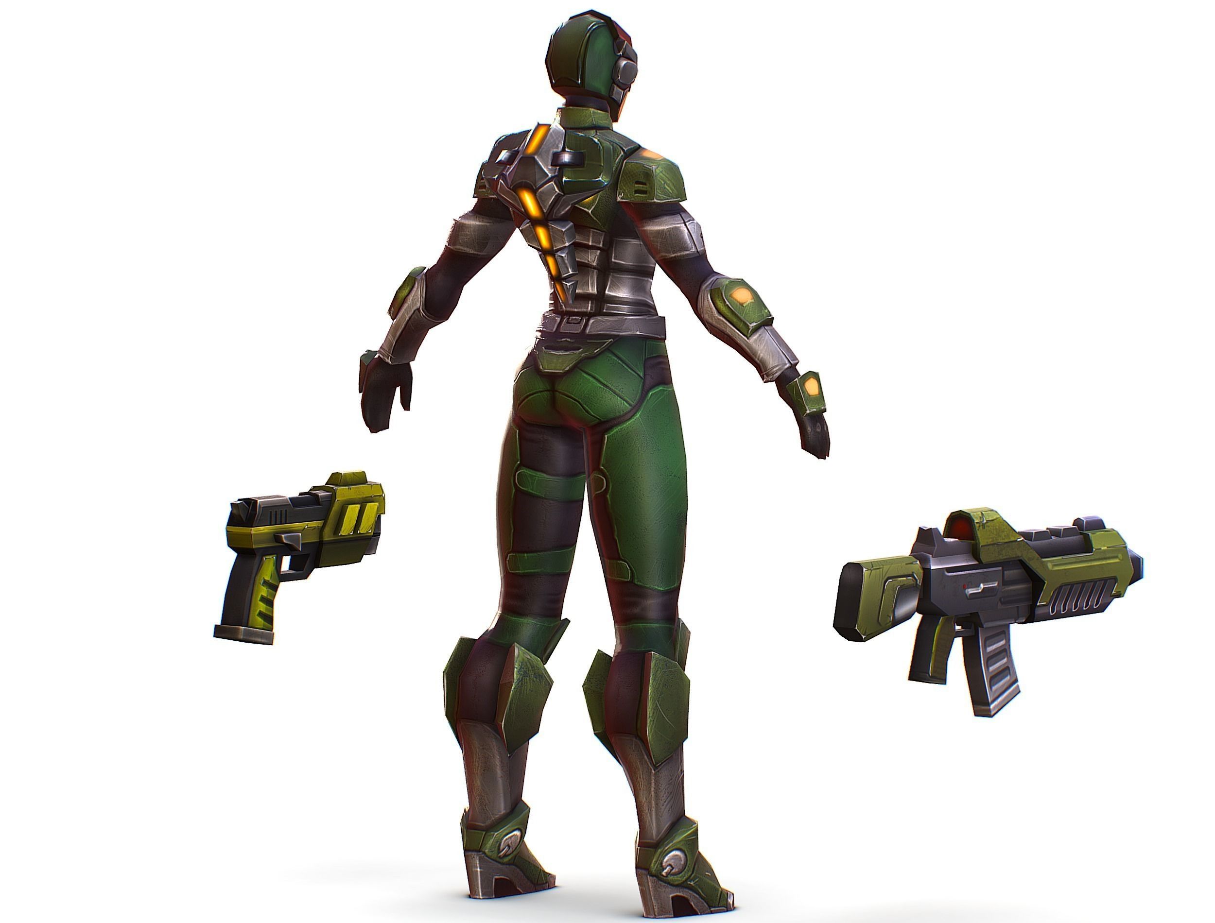 Sci-FI Woman Cyborg Soldier with Rifle and Pistol Low-poly 3D model_4