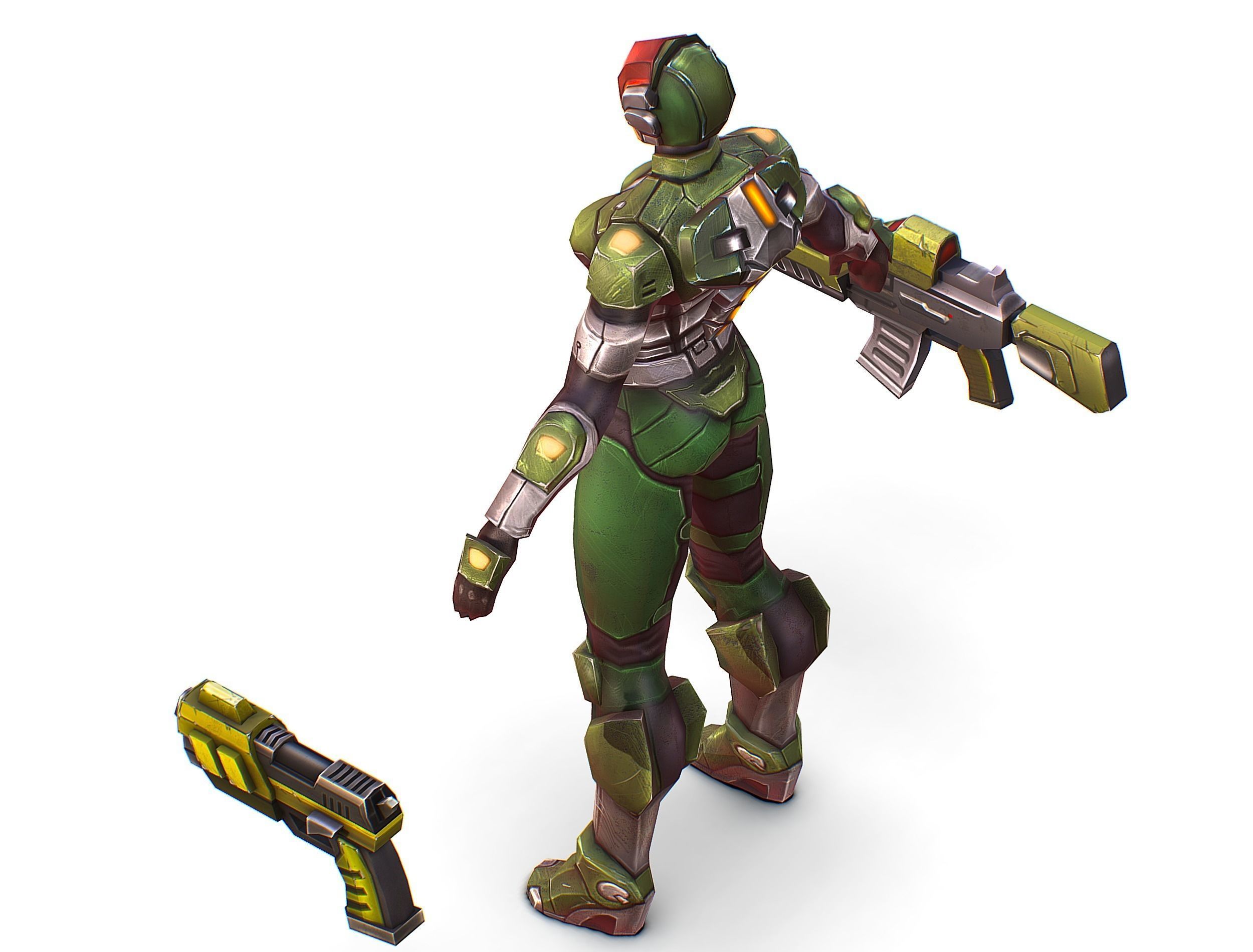 Sci-FI Woman Cyborg Soldier with Rifle and Pistol Low-poly 3D model_15