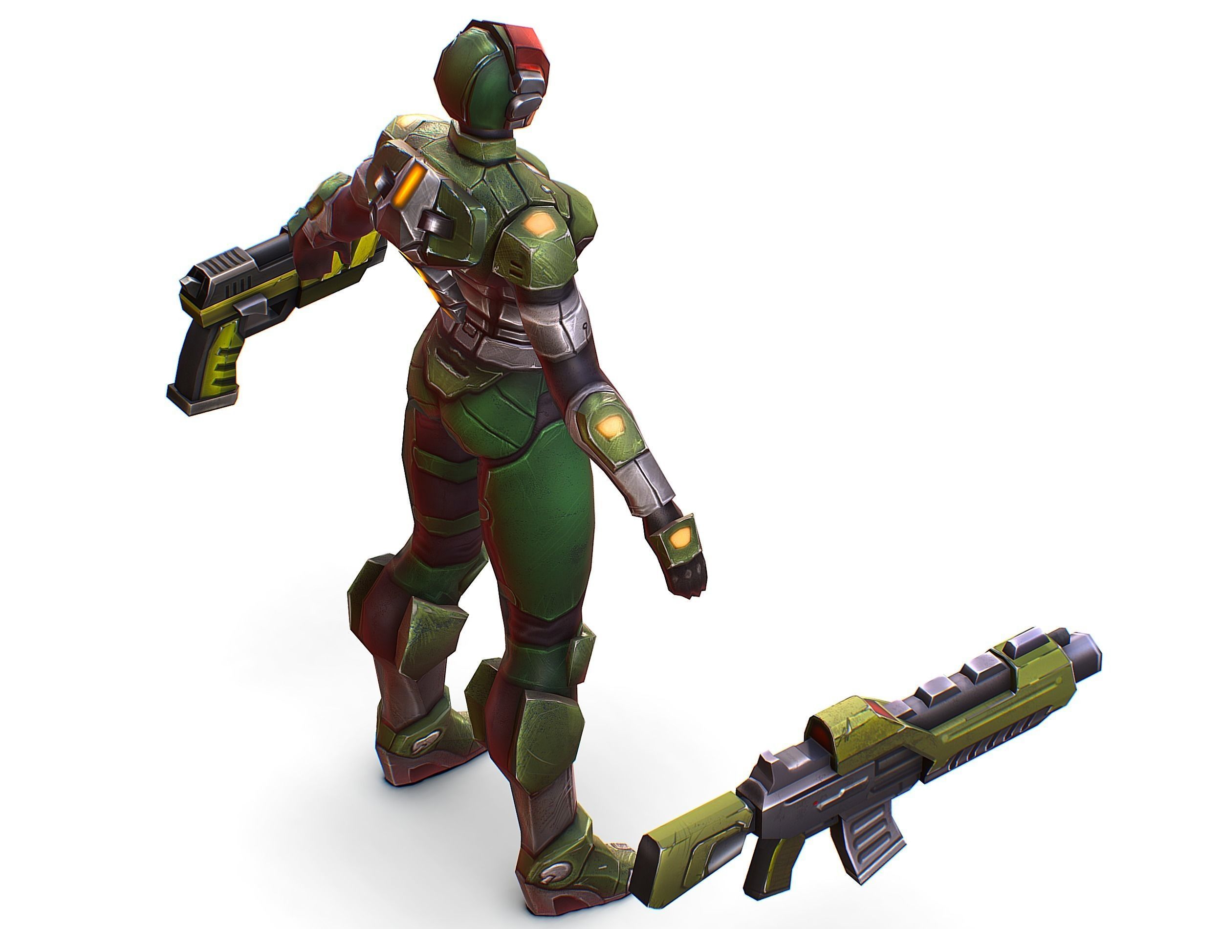 Sci-FI Woman Cyborg Soldier with Rifle and Pistol Low-poly 3D model_16