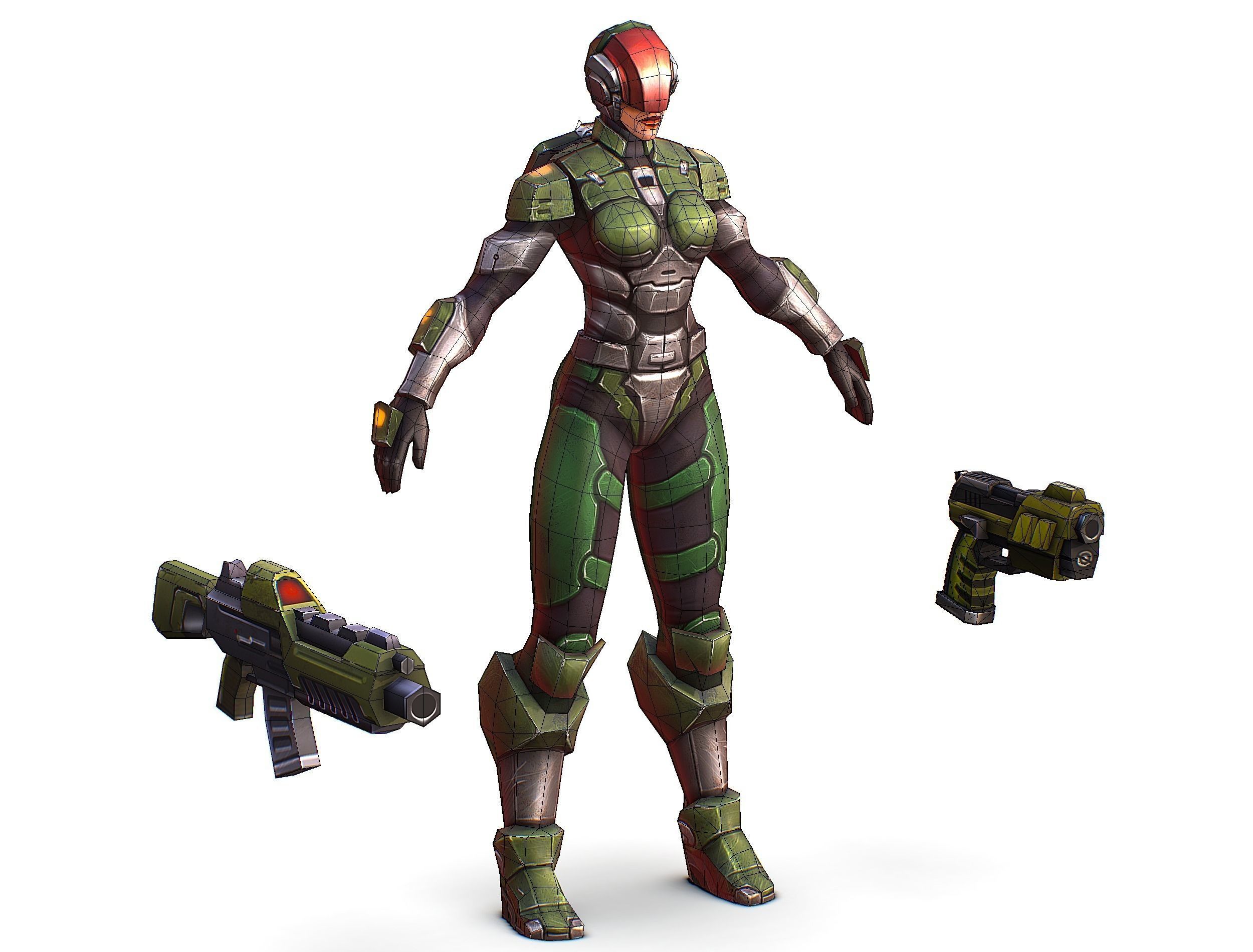 Sci-FI Woman Cyborg Soldier with Rifle and Pistol Low-poly 3D model_34