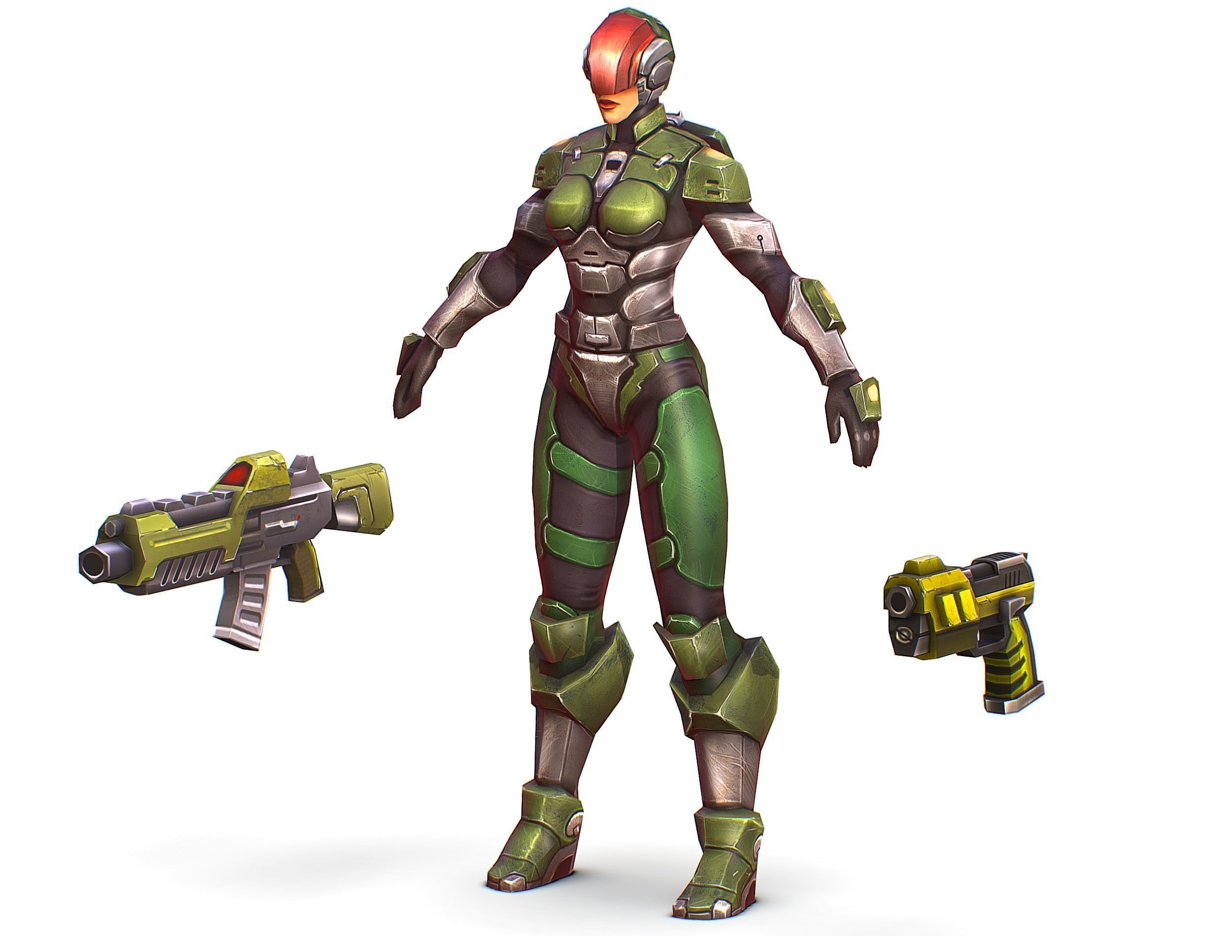 Sci-FI Woman Cyborg Soldier with Rifle and Pistol Low-poly 3D model_11