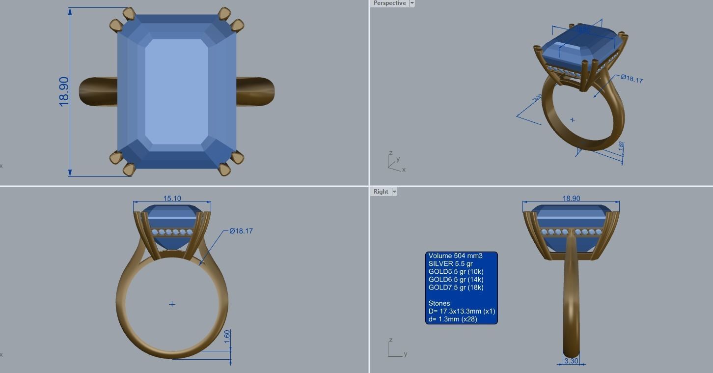 R 176 b Emerald shape engagement ring 3D print model_10