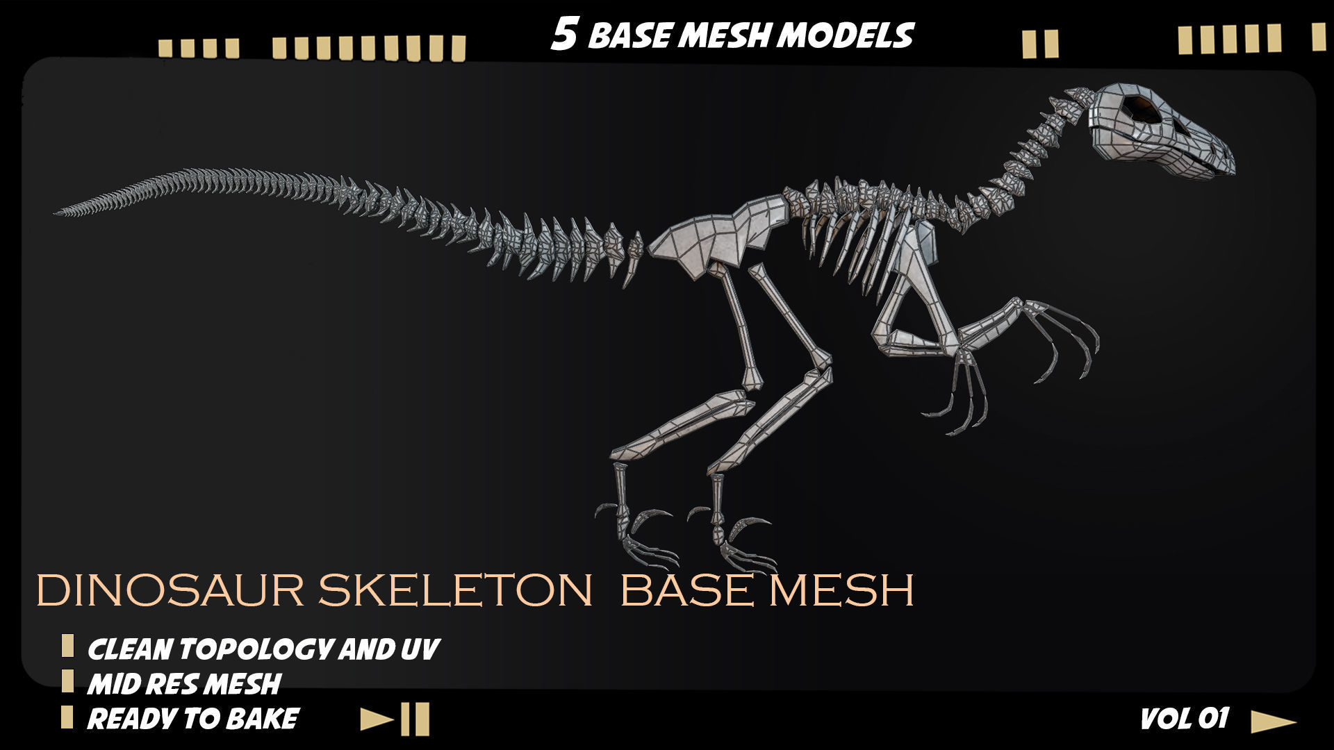 Dinosaur skeleton base mesh-vol 01 Low-poly 3D model_9