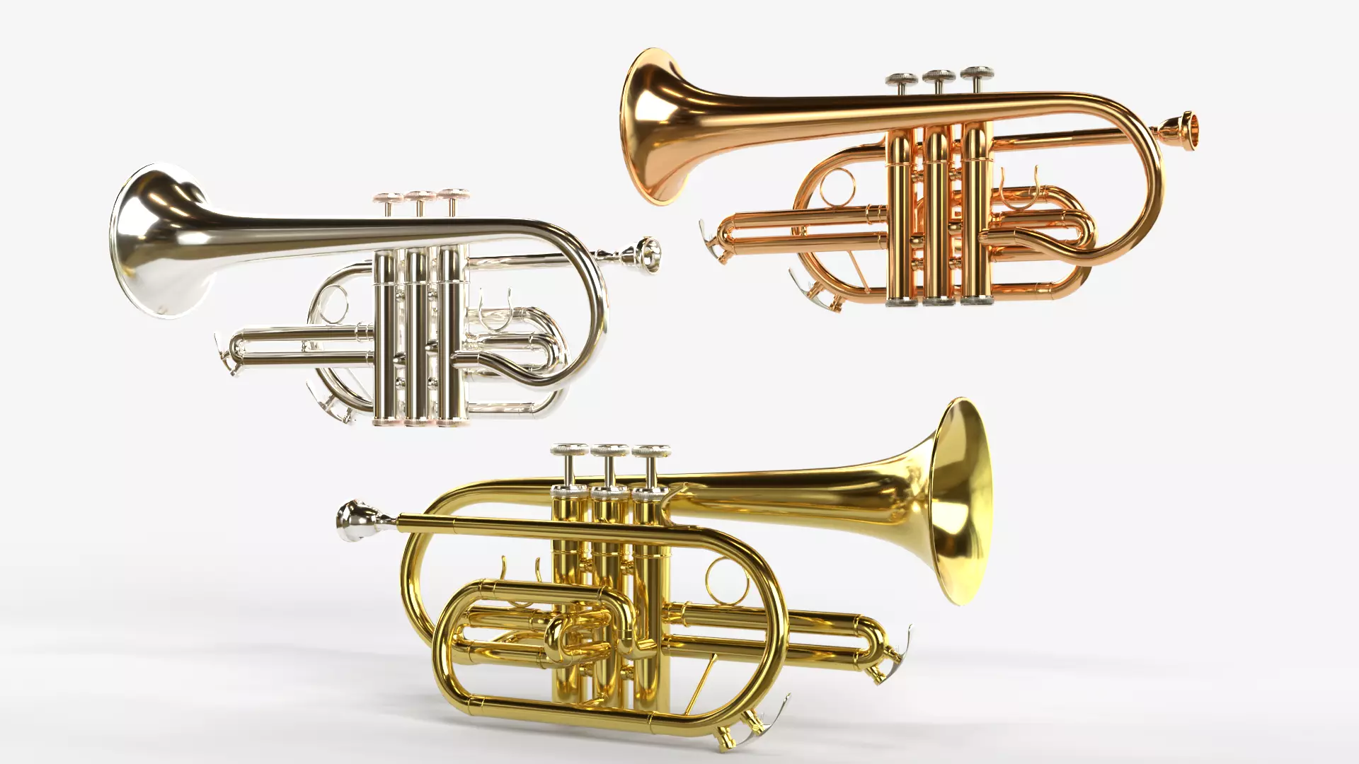 Cornet  Three Types of Materials   Brass  Copper and Silver 3D model_0
