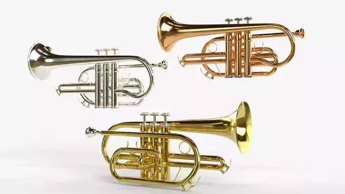 Cornet  Three Types of Materials   Brass  Copper and Silver 3D model