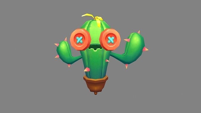 Cartoon Button Cactus Monster - Potted plant  Low-poly 3D model