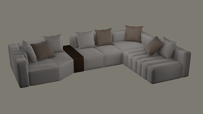 Earth Tone Sectional Sofa With a Wooden Table 3D model