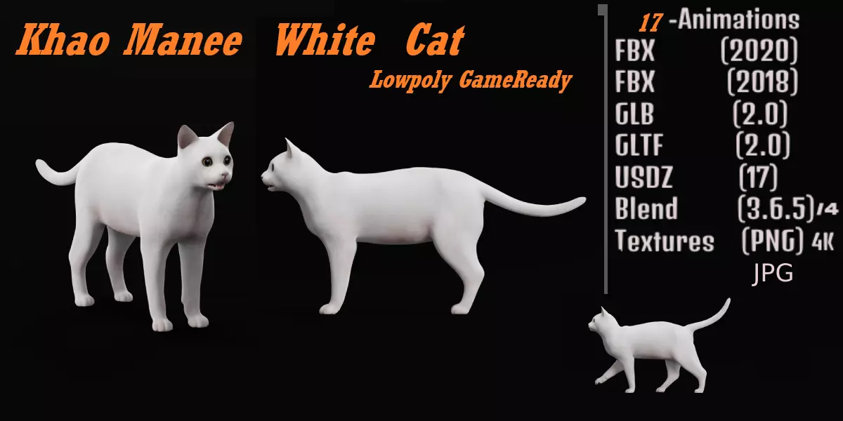 Khao Manee White Cat Low-poly 3D model_0