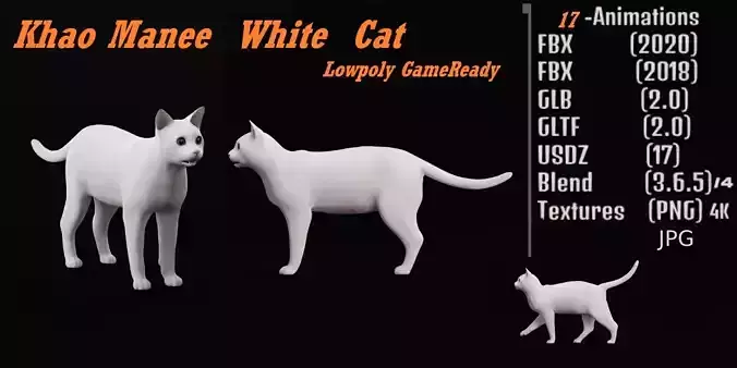 Khao Manee White Cat Low-poly 3D model
