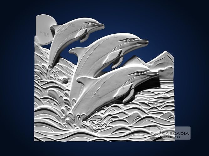 Dolphin Waves CNC Router Carving Casting Bas Relief ocean 3D print model