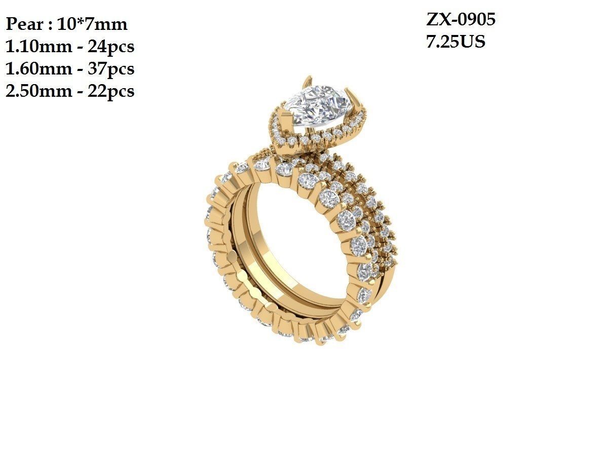 Pear Solitaire Ring Bridal set 3D print model_1