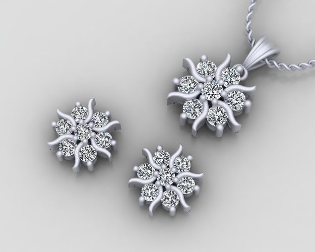 Precious Pendant and Earrings with round gem stones 3D print model