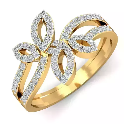 Gold Diamond Finger Ring with Glossy Leaf Pattern