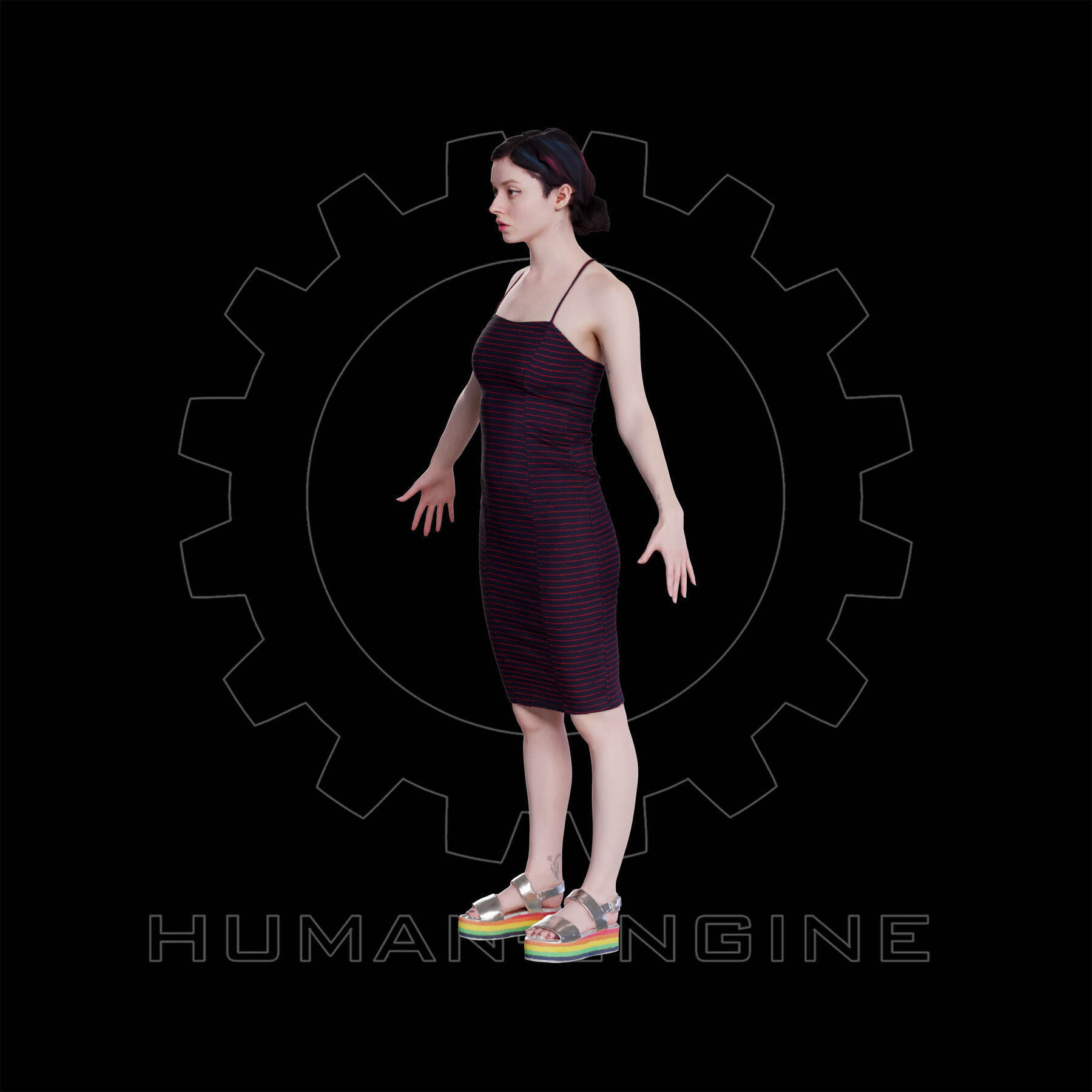 Female Scan - Amy in a Striped Dress A-pose 149 Low-poly 3D model_15