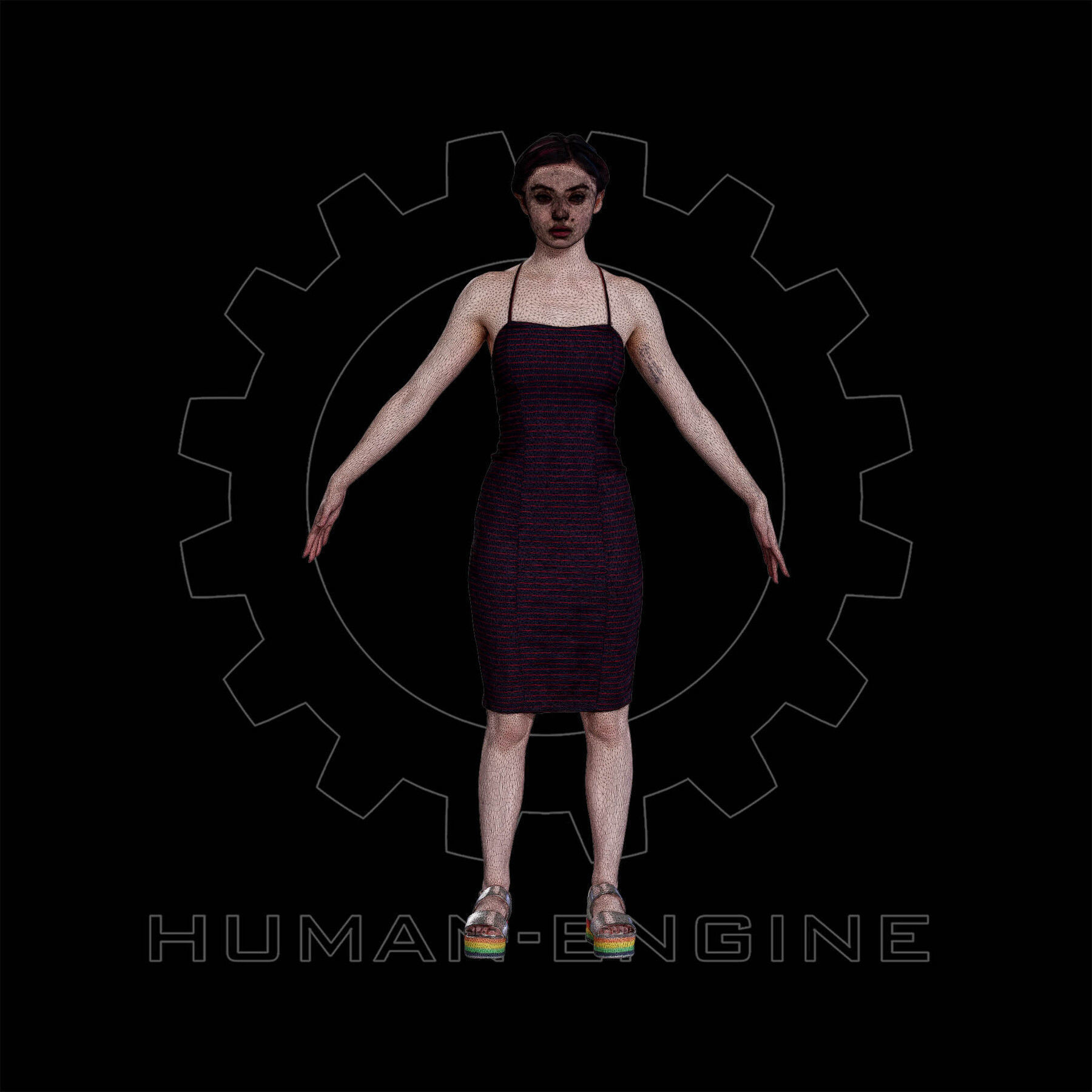 Female Scan - Amy in a Striped Dress A-pose 149 Low-poly 3D model_2