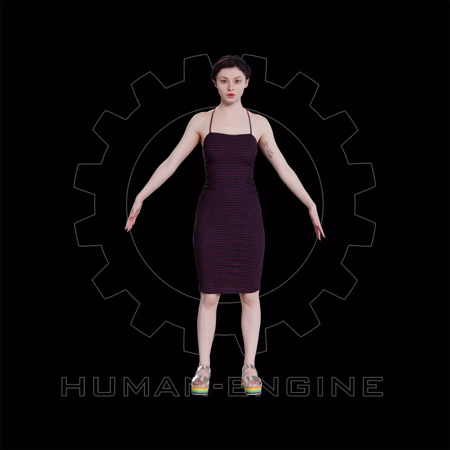 Female Scan - Amy in a Striped Dress A-pose 149 Low-poly 3D model_0
