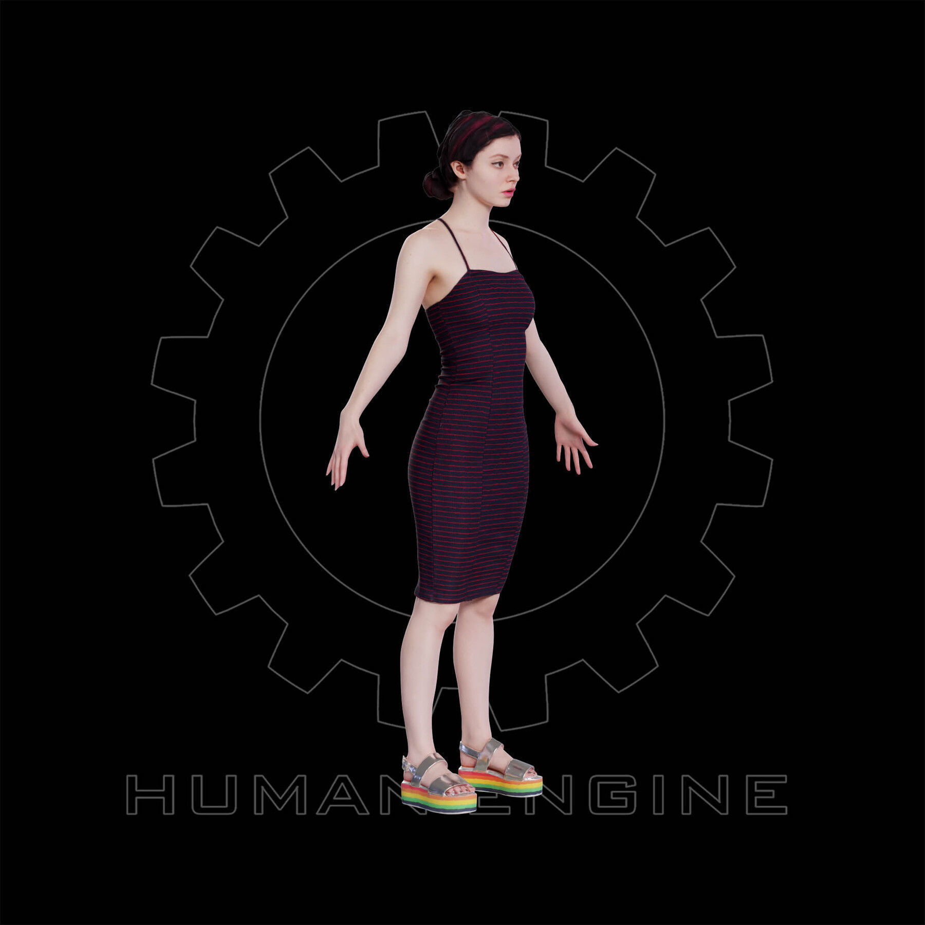 Female Scan - Amy in a Striped Dress A-pose 149 Low-poly 3D model_3