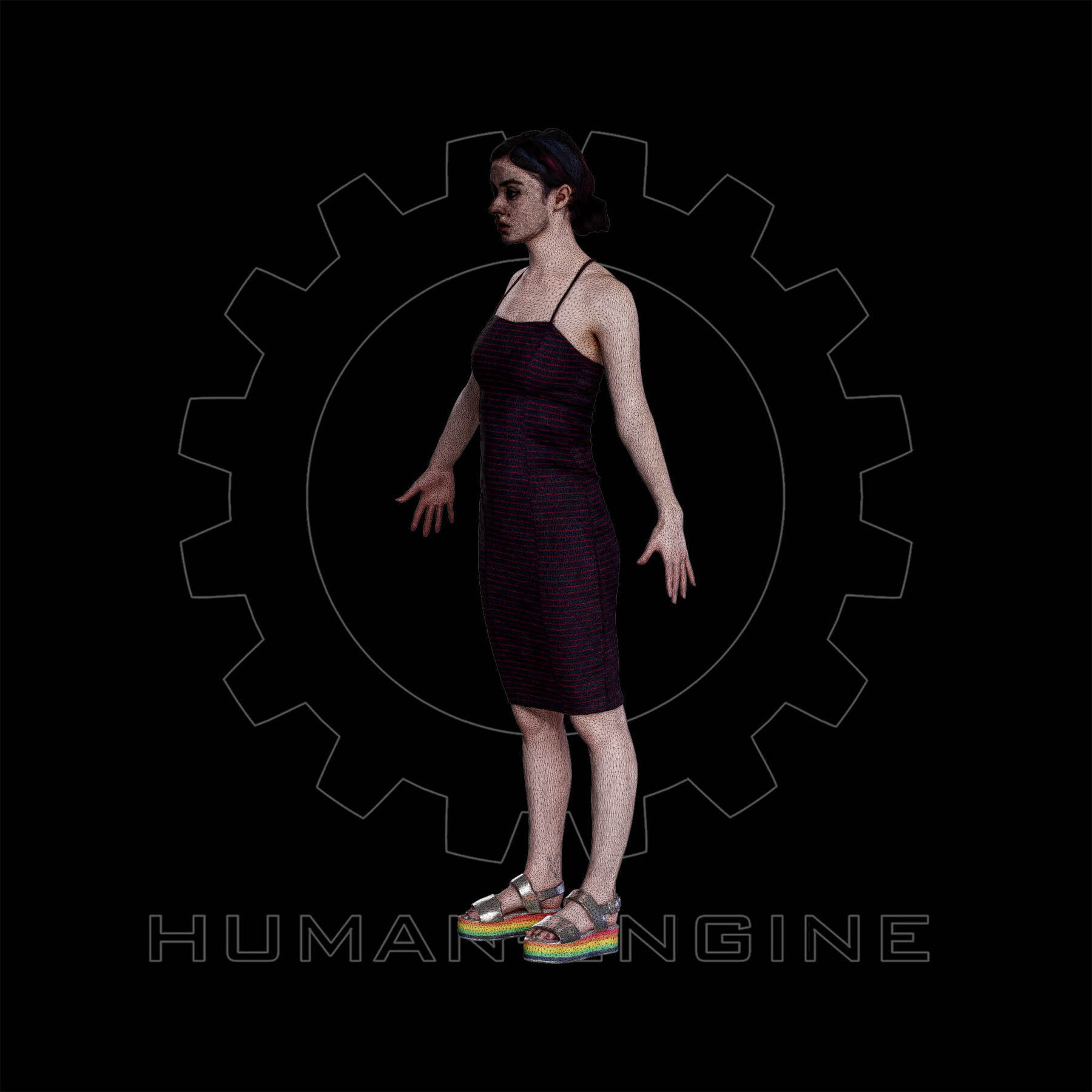 Female Scan - Amy in a Striped Dress A-pose 149 Low-poly 3D model_16