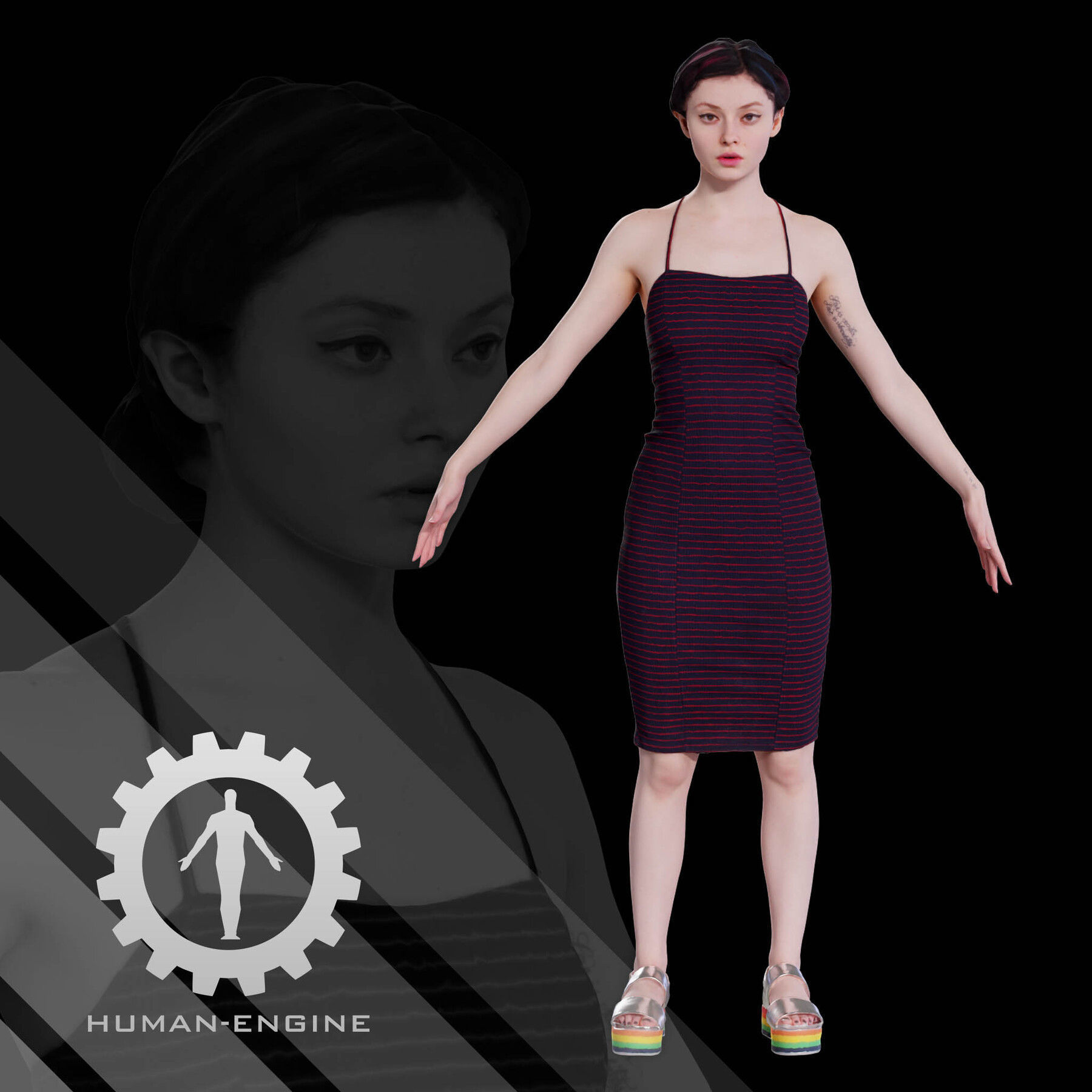 Female Scan - Amy in a Striped Dress A-pose 149 Low-poly 3D model_1