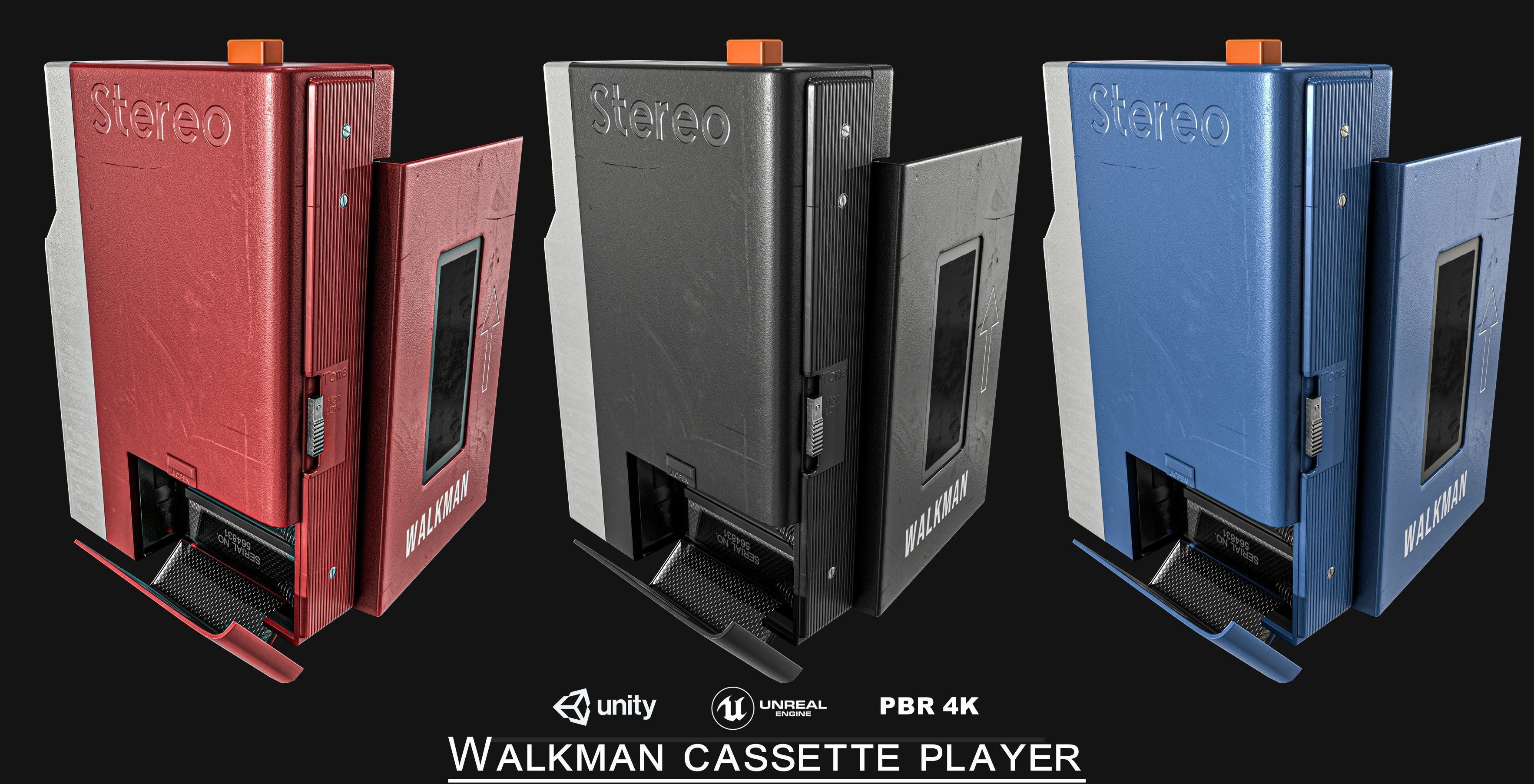 Walkman Cassette Player  3 Colors Low-poly 3D model_1