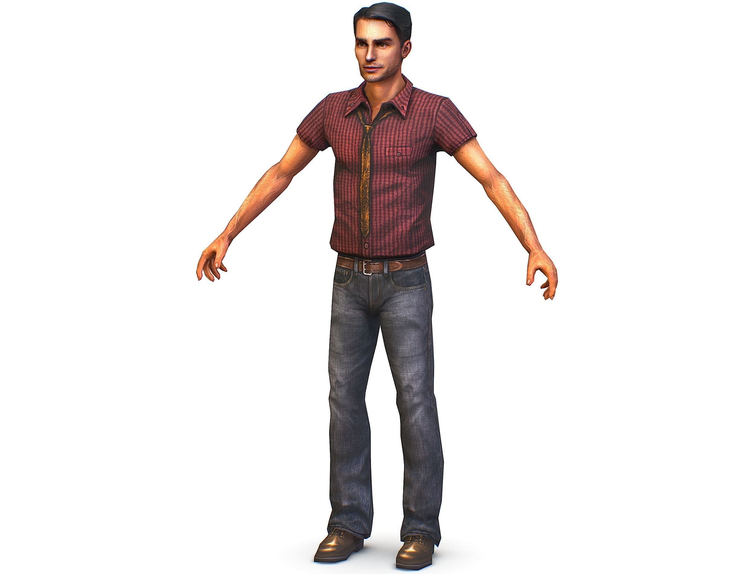 Business man in jeans tie and red shirt Working young man agent Low-poly 3D model_15