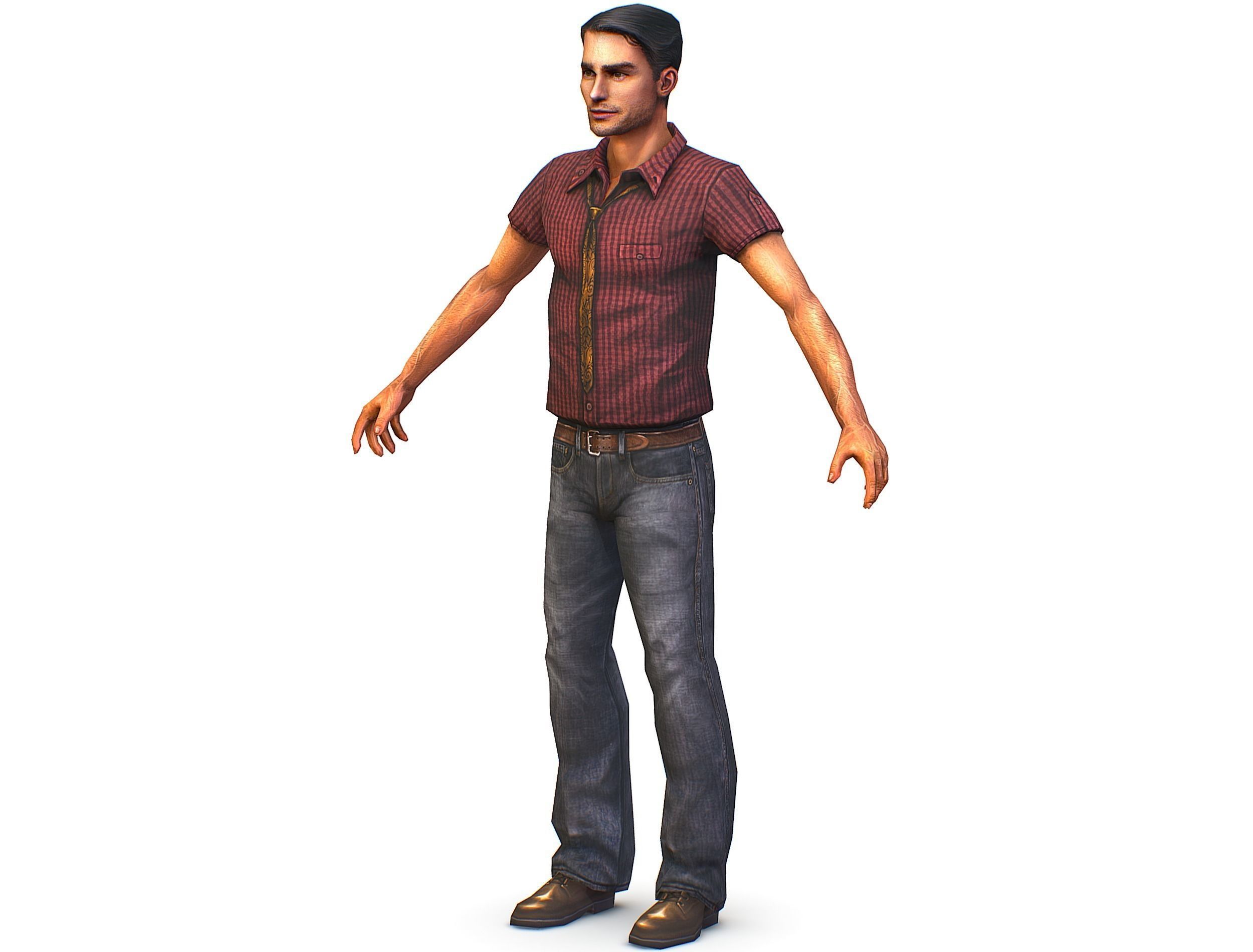 Business man in jeans tie and red shirt Working young man agent Low-poly 3D model_14