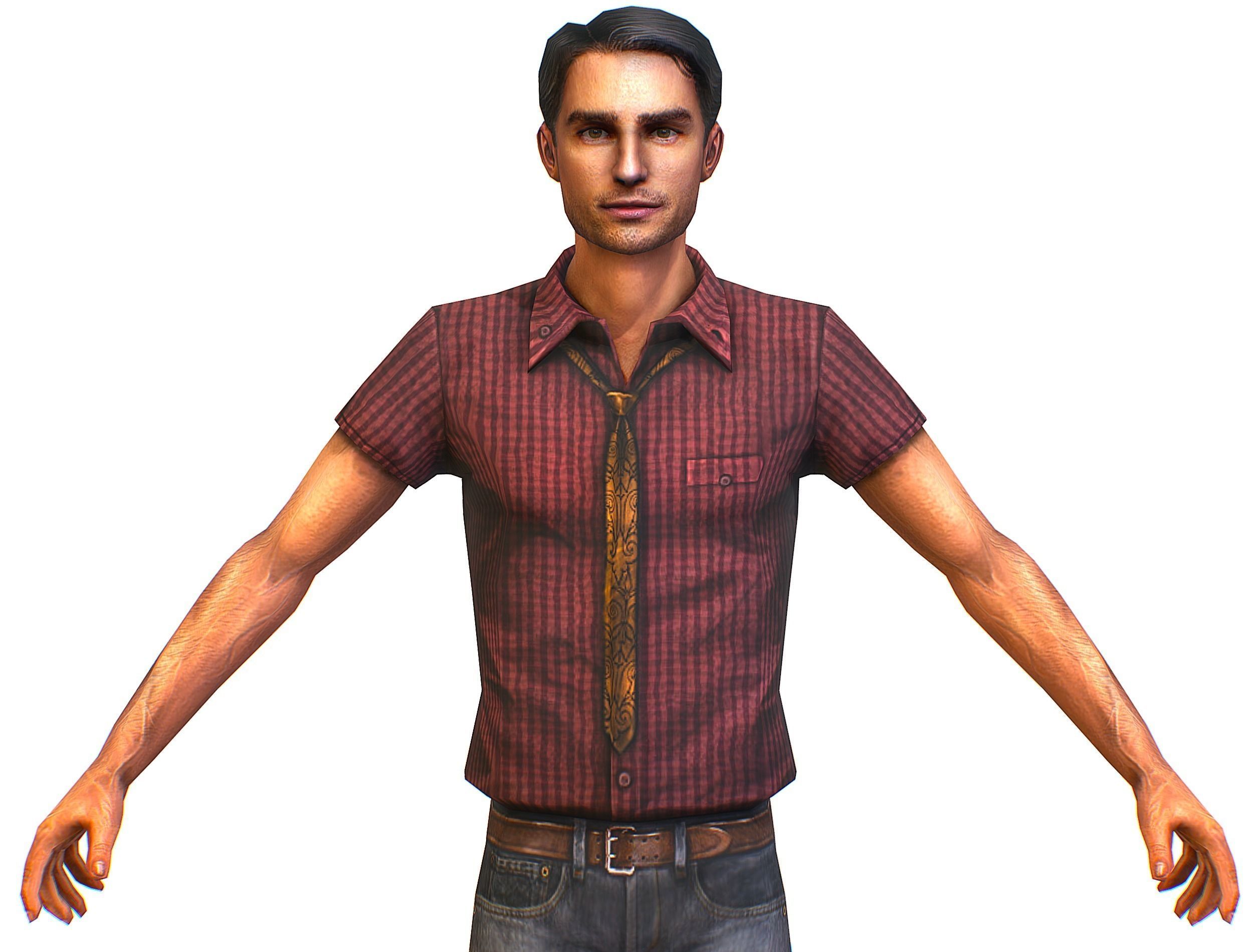 Business man in jeans tie and red shirt Working young man agent Low-poly 3D model_16