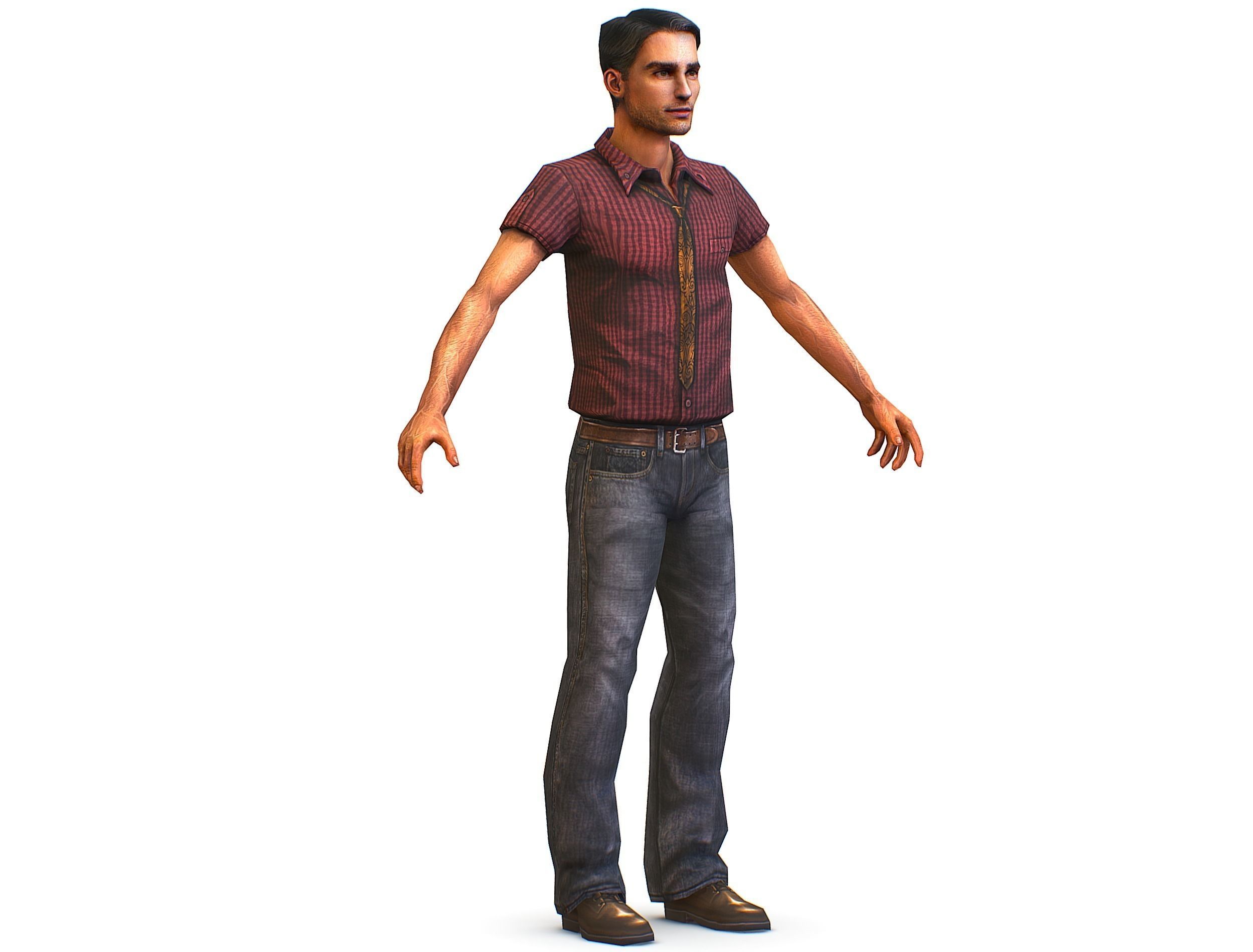 Business man in jeans tie and red shirt Working young man agent Low-poly 3D model_1
