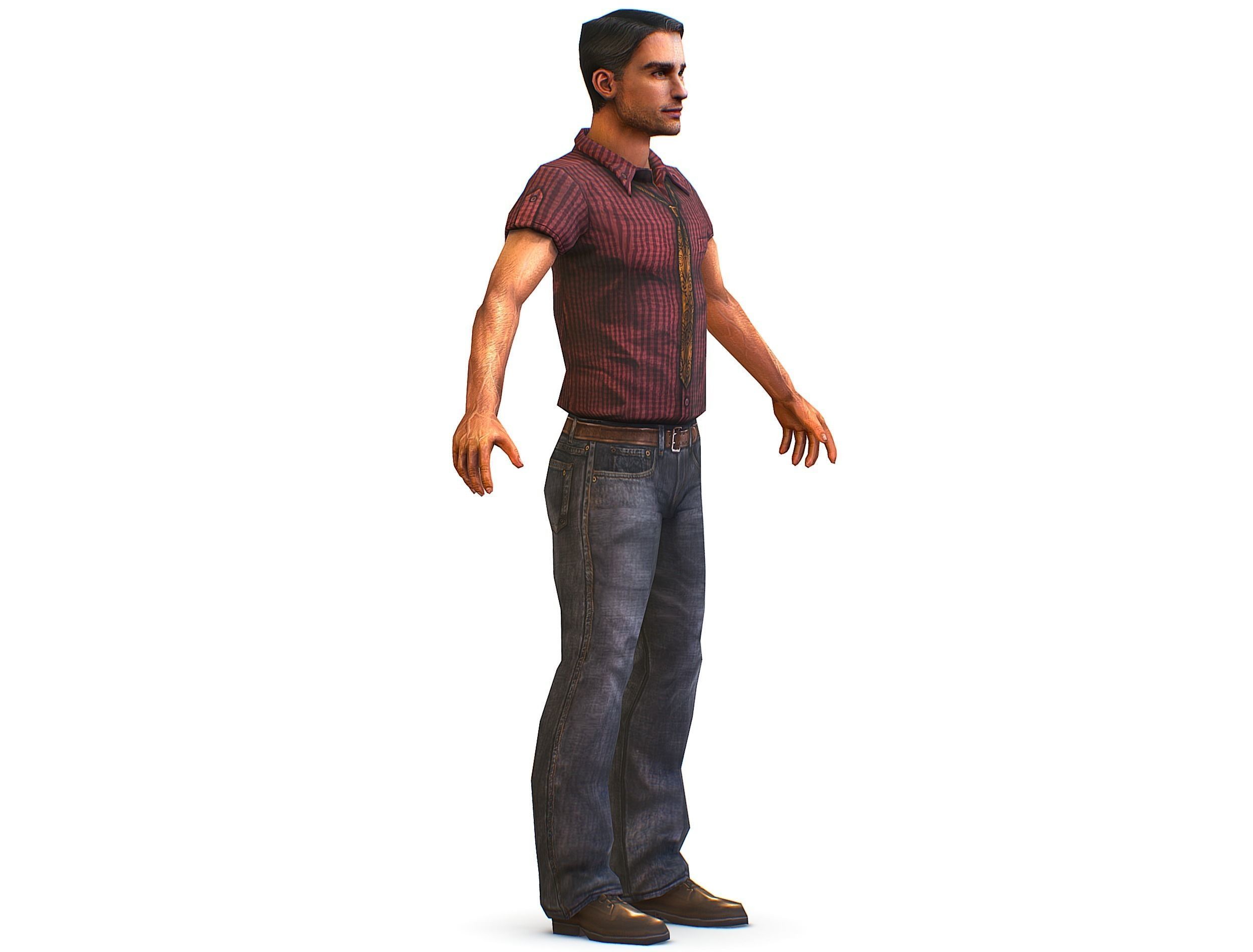 Business man in jeans tie and red shirt Working young man agent Low-poly 3D model_2