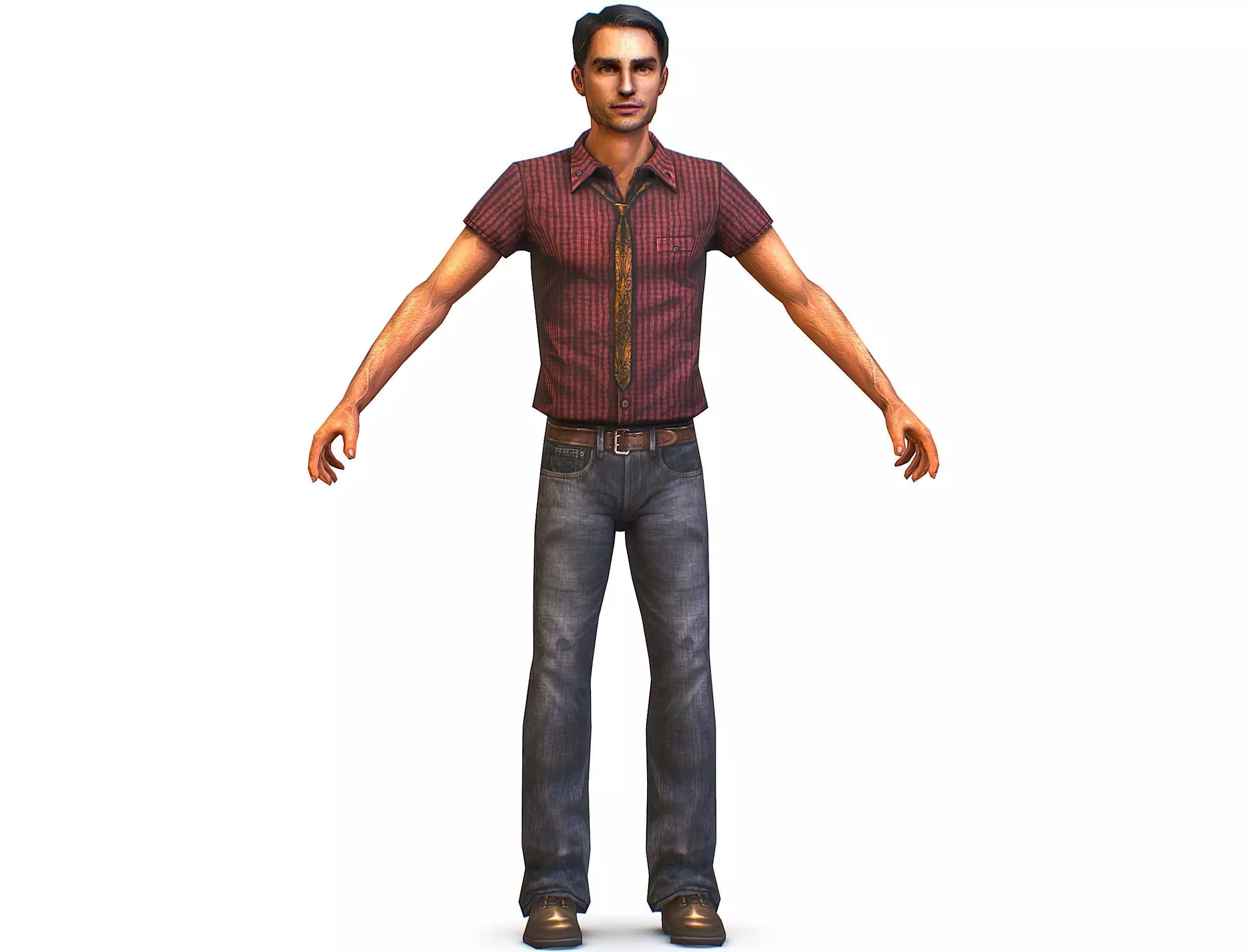 Business man in jeans tie and red shirt Working young man agent Low-poly 3D model_0