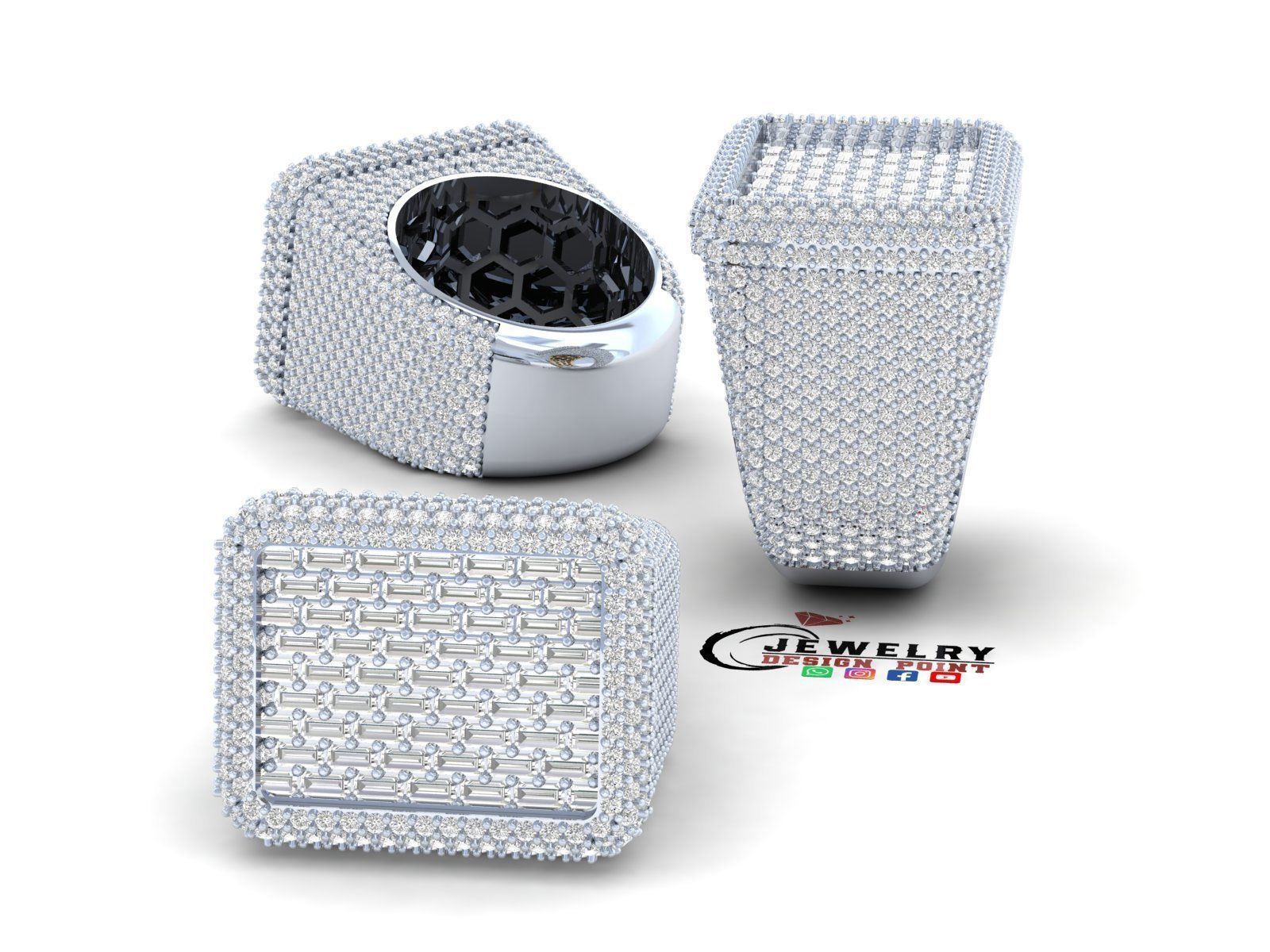 Custom Championship Rectangle Shape Baguettes  Diamond Ring  3D print model_3