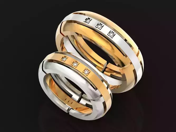 Triple Band Two Colour Flat Wedding Ring 1248
