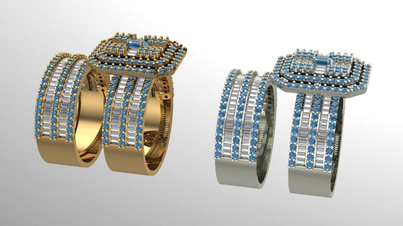 Full diamond 2 rail wedding and engagement ring 3D print model