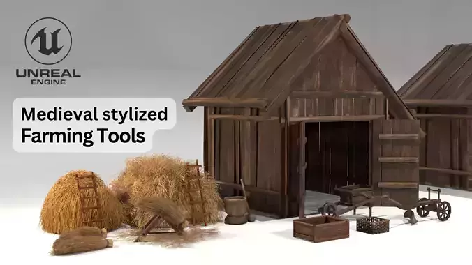 Hand painted medieval stylized farmhouse and farming tool thatch Low-poly 3D model