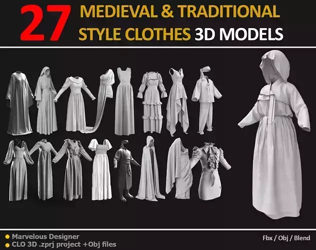 27 MEDIEVAL AND TRADITIONAL STYLE CLOTHES 3D MODELS