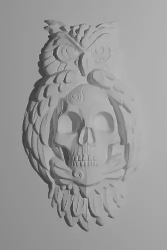 3d sculpture of an owl holding a skull 