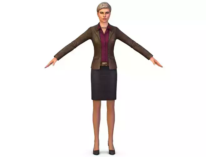 woman in a strict office suit leather jacket gray skirt