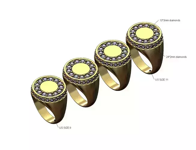 Diamond halo top and side 18mm round chunky signet ring 3D print model