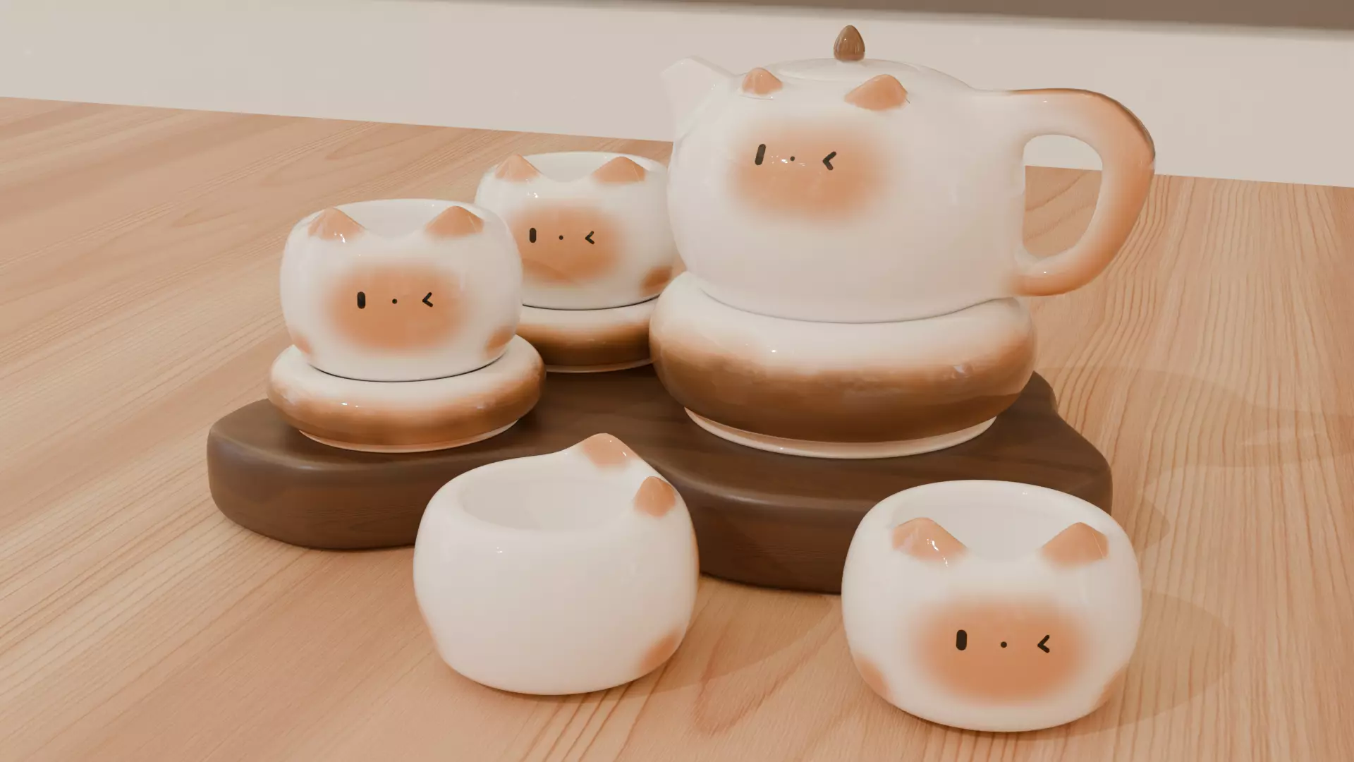 Cute Cat Tea Set 3D Model Low-poly 3D model