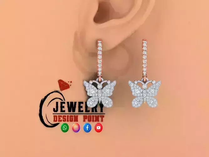 Custom Diamond Hoops Earring - Butterfly Diamond Earrings Unisex 3D print model