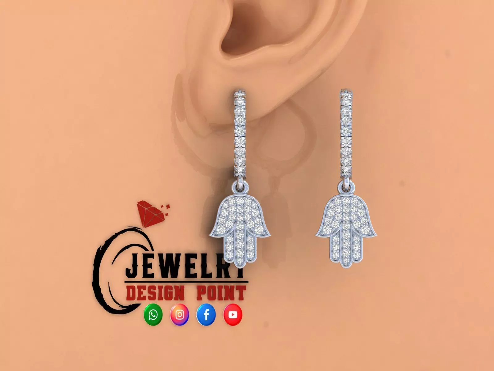Custom Diamond Hoops Earring - Hamsa Hand Earrings - Unisex 3D print model