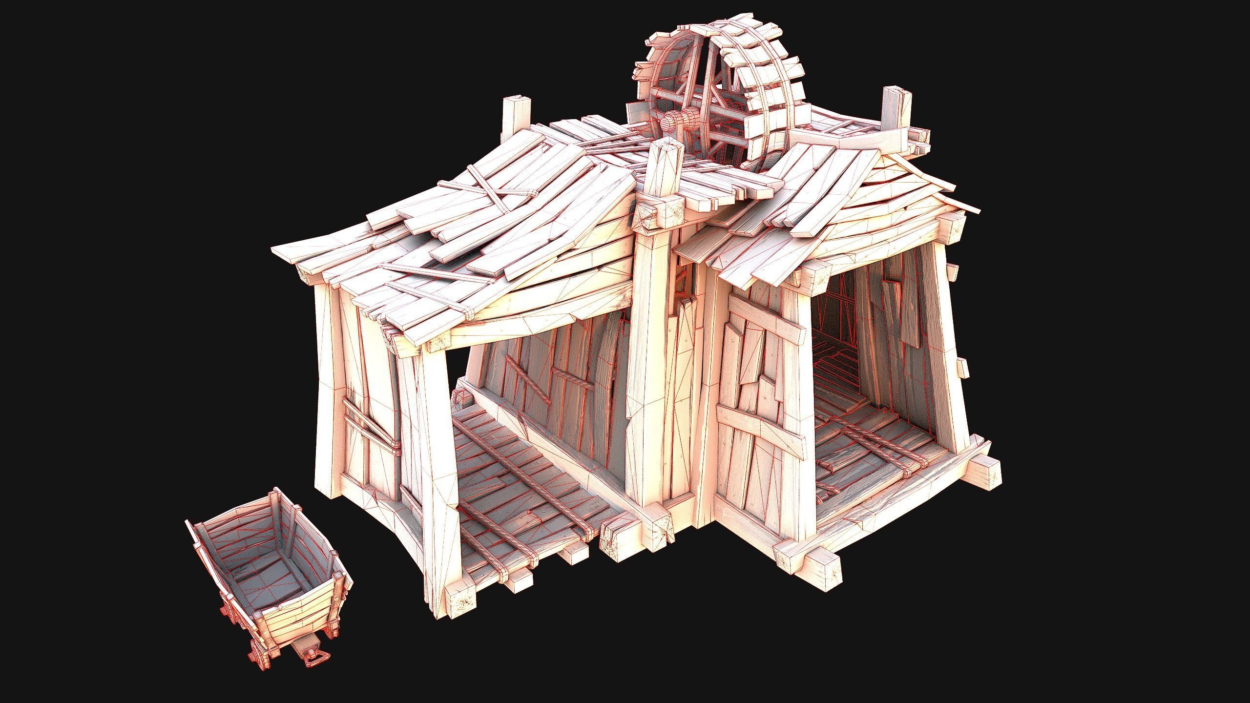 Medieval Mine Steampunk and Mining Cart Low-poly 3D model_27