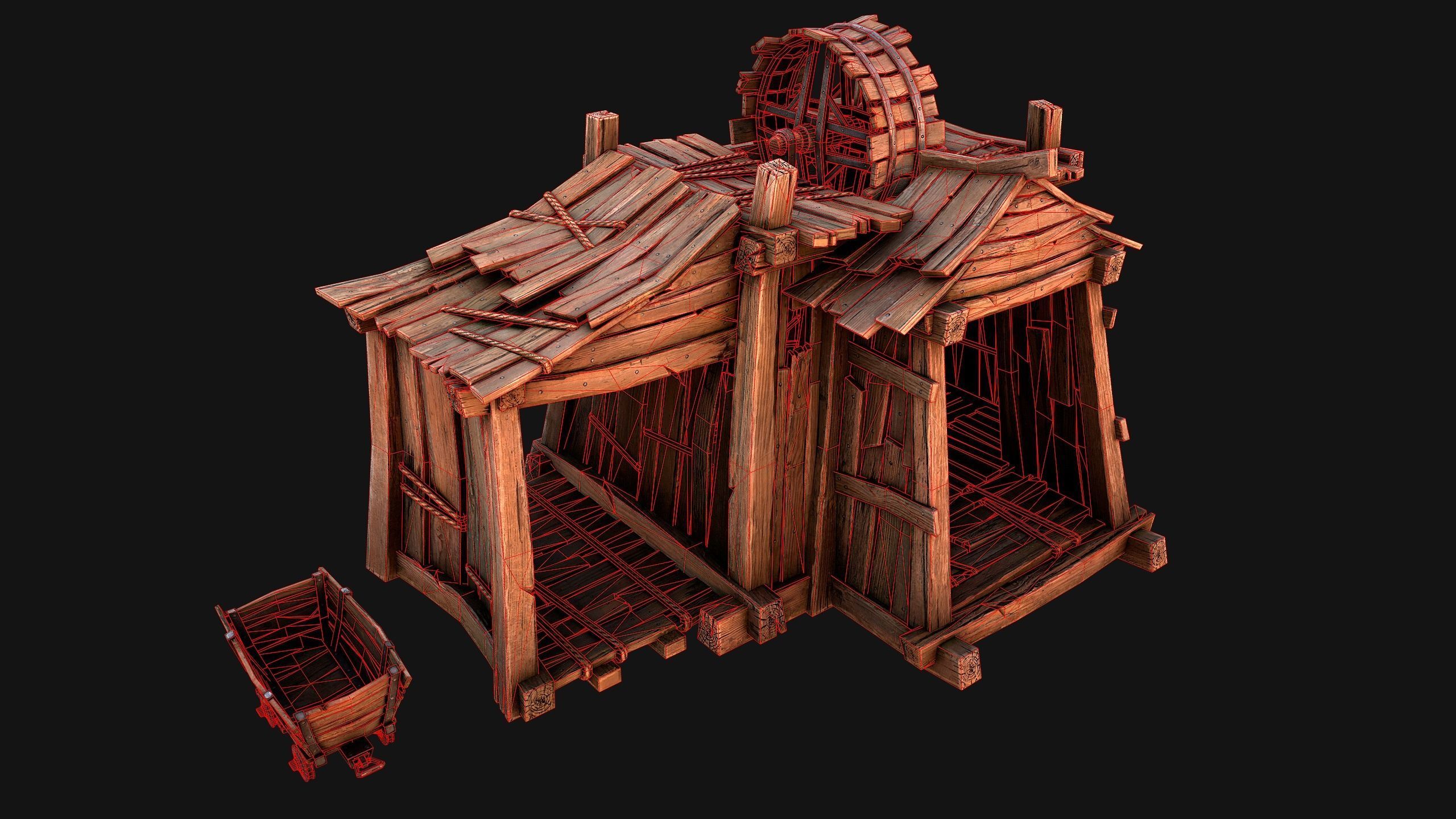 Medieval Mine Steampunk and Mining Cart Low-poly 3D model_26
