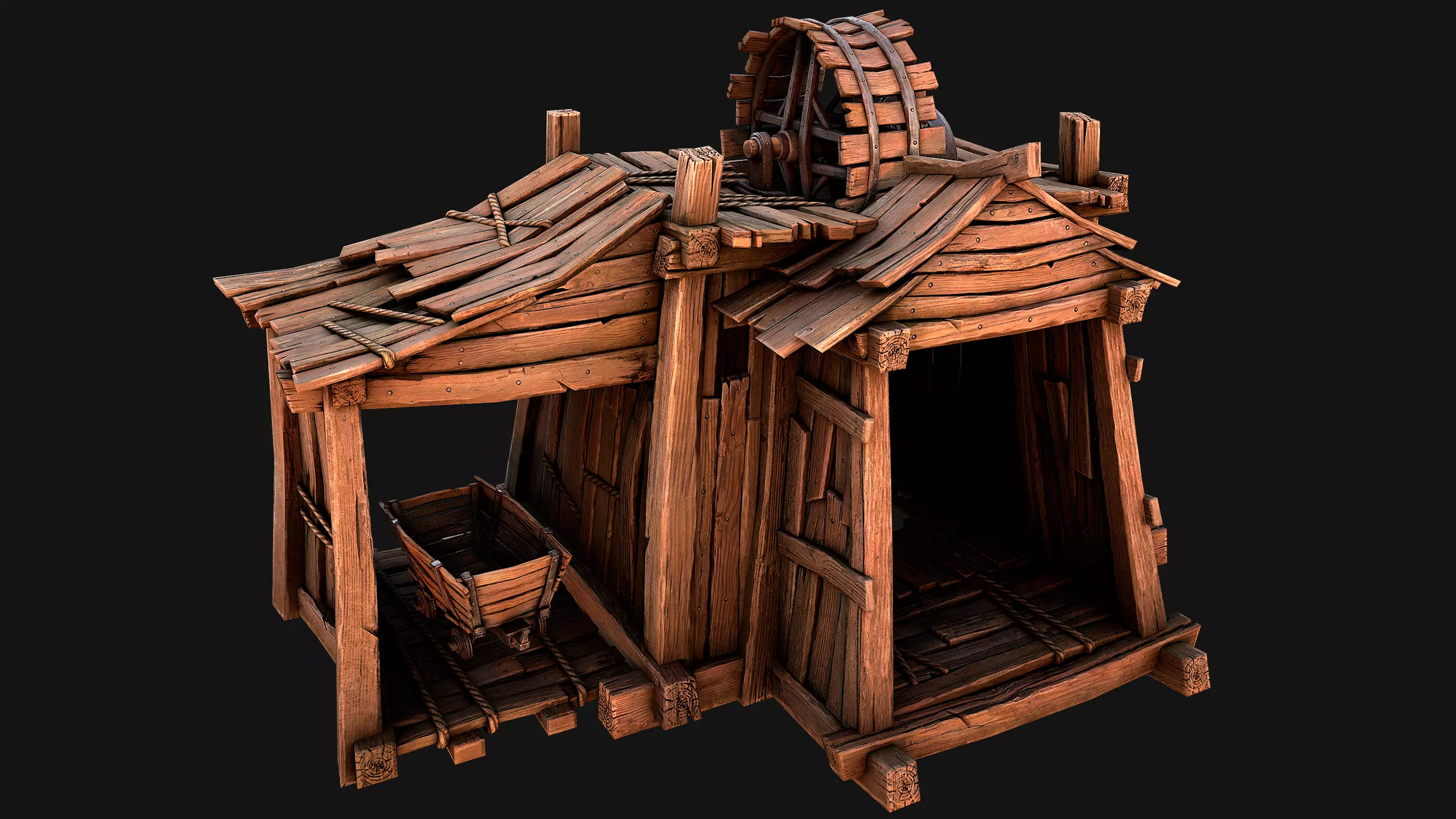 Medieval Mine Steampunk and Mining Cart Low-poly 3D model_0