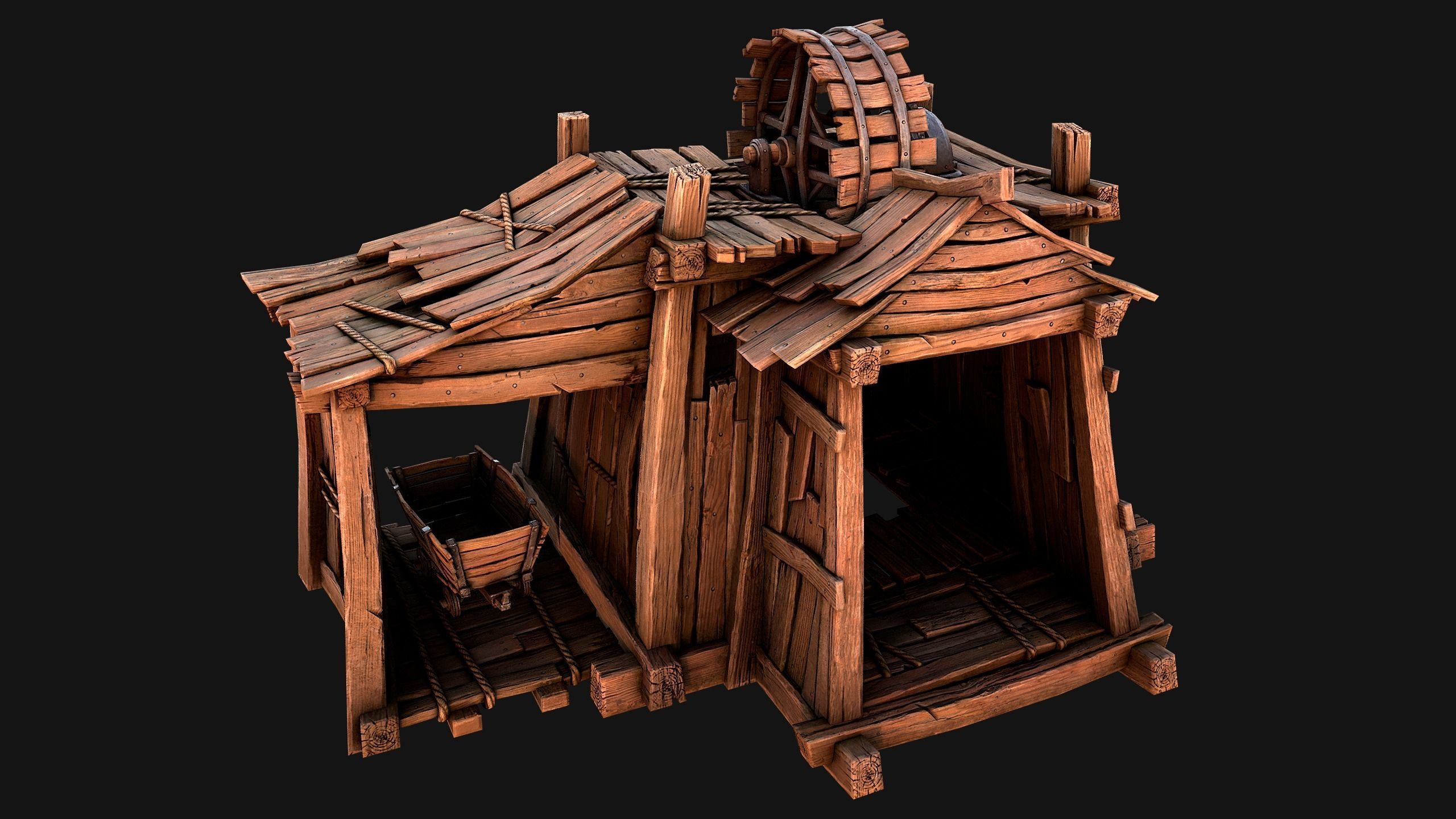 Medieval Mine Steampunk and Mining Cart Low-poly 3D model_19