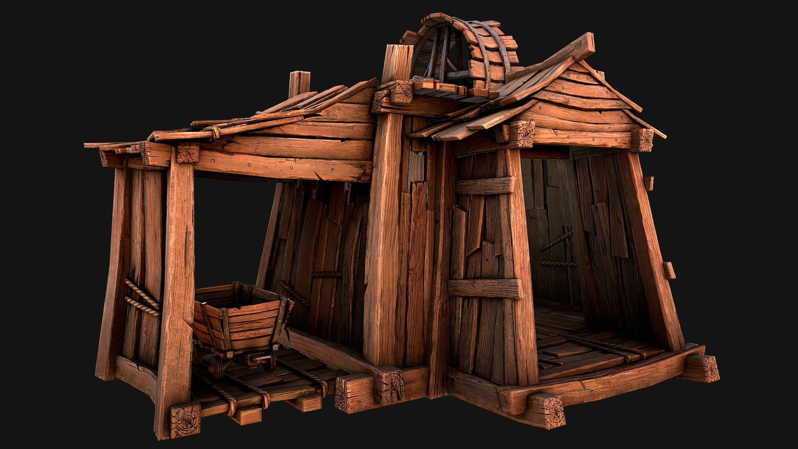 Medieval Mine Steampunk and Mining Cart Low-poly 3D model_25